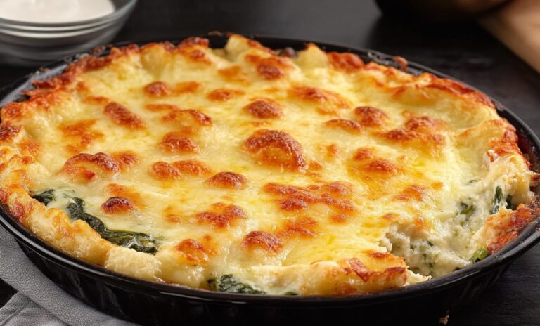 Torta salata di spinaci e ricotta con salsa al formaggio blu