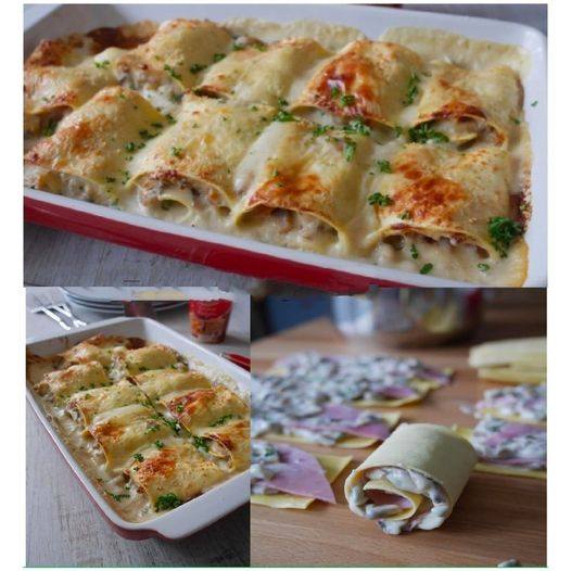Involtini di lasagne con prosciutto e funghi