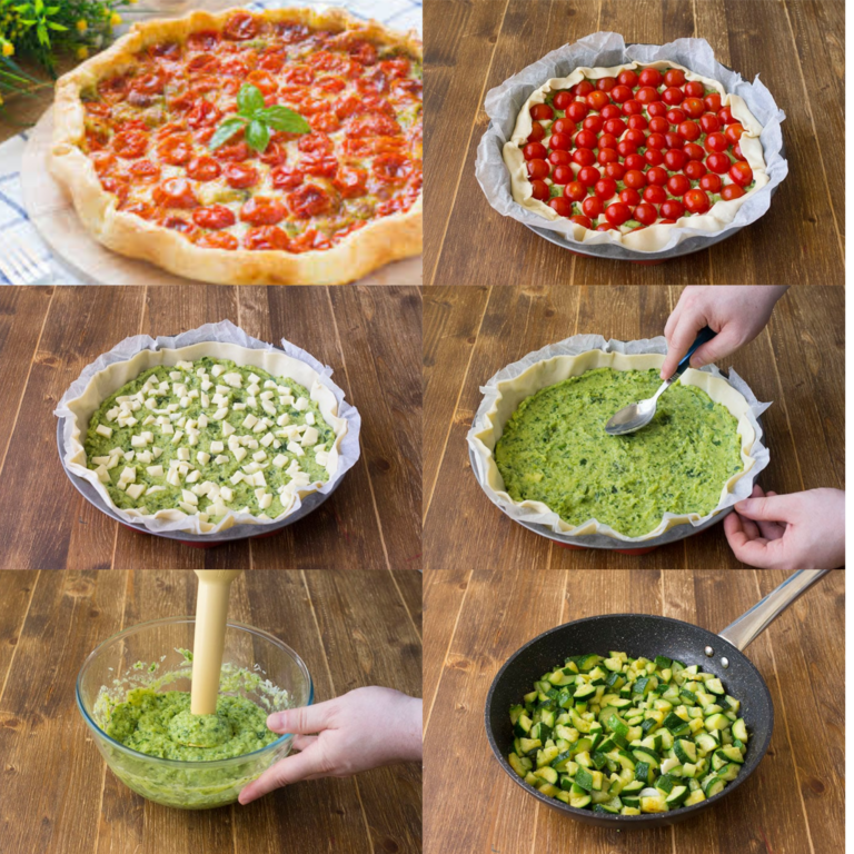 Torta di pasta sfoglia con crema di zucchine e pomodorini